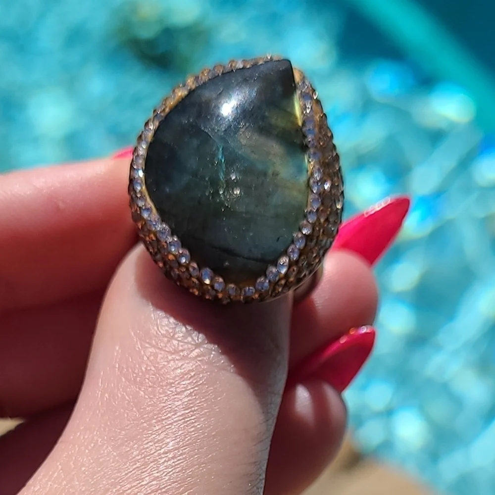 Natural Labradorite & Pave set Hematite Large Silver Ring